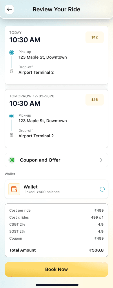 Routes app ride review and pricing screen